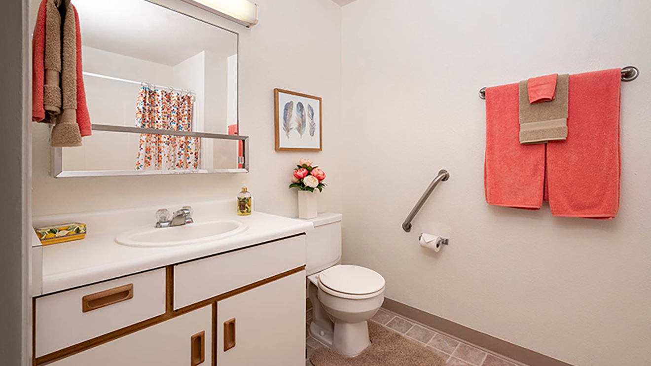 Holiday Warburton Place senior apartment private bath with shower, mirror over vanity and toilet with grab bar.