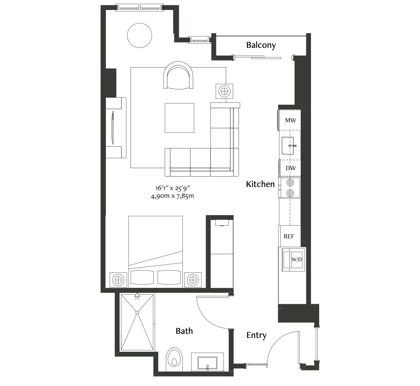 This beautifully appointed studio residence in Myrtle Flats features floor-to-ceiling windows with motorized shades. The luxe, porcelain-tiled bath boasts a heated floor and custom finishes. Spacious enough for a full living room setup, this unit also includes a full gourmet kitchen with wine cooler. 