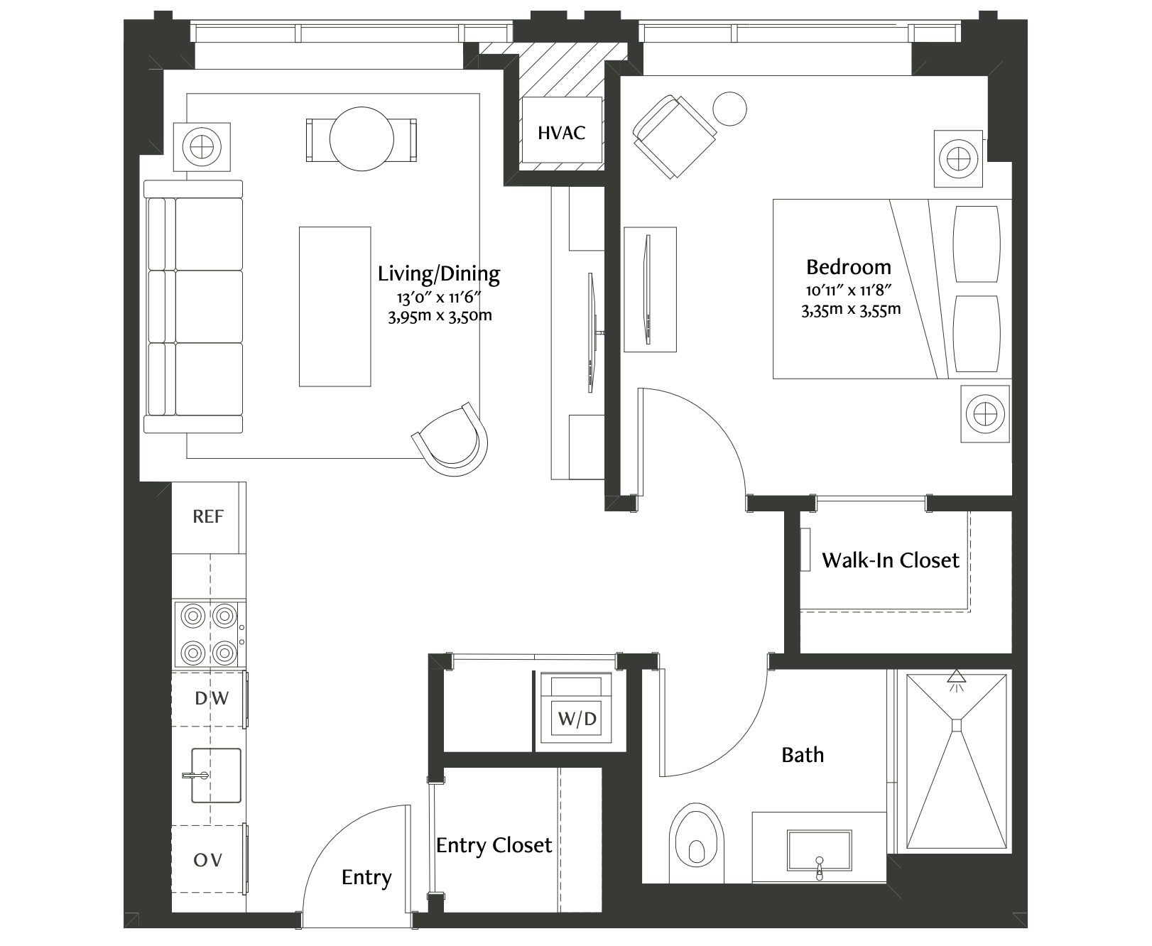 This stunning one-bedroom residence features floor-to-ceiling windows and a spacious porcelain-tiled bath with custom finishes. The open floor plan exudes modern luxury with a full-size gourmet kitchen, herringbone hardwood floors with inset carpet, and custom TV wall millwork. Designed purposefully for the Coterie resident, the expansive bedroom also features a decorative light fixture and a customizable walk-in closet with an integrated wall safe.   