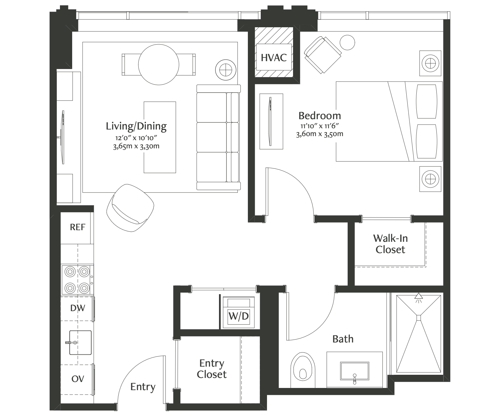 This stunning one-bedroom residence features floor-to-ceiling windows and a spacious porcelain-tiled bath with custom finishes. The open floor plan exudes modern luxury with a full-size gourmet kitchen, herringbone hardwood floors with inset carpet, and custom TV wall millwork. Designed purposefully for the Coterie resident, the expansive bedroom also features a decorative light fixture and a customizable walk-in closet with an integrated wall safe.   