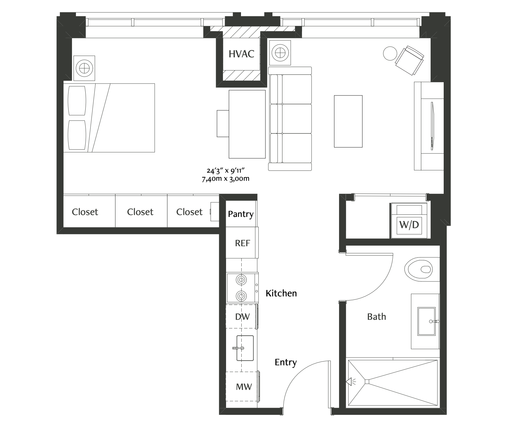 This beautifully appointed, generously sized studio residence features floor-to-ceiling windows with motorized shades and south-facing city views. Everything from the full kitchen to the luxe porcelain-tiled bath with custom finishes has been expertly designed for maximum space, style, and comfort. 