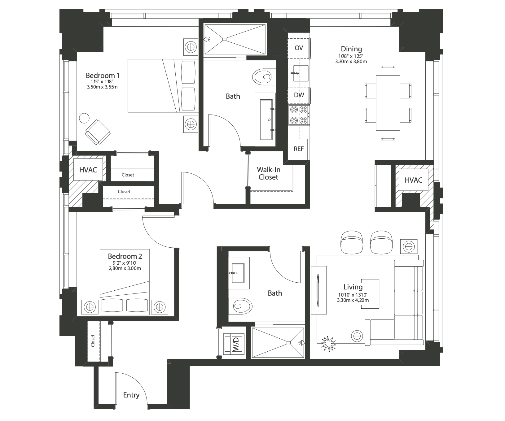 This two-bedroom corner residence features a living space boasting fabulous floor-to-ceiling windows on three sides. The open floor plan exudes modern luxury with herringbone hardwood floors with inset carpet. The full-size, gourmet kitchen features a Miele® appliance package with integrated paneling and full-height Cambria® quartz backsplash. The spacious primary bath features a double vanity, walk-in shower, large format porcelain tile, and custom finishes. The expansive primary bedroom also features a decorative light fixture and a customizable walk-in closet with an integrated wall safe.   