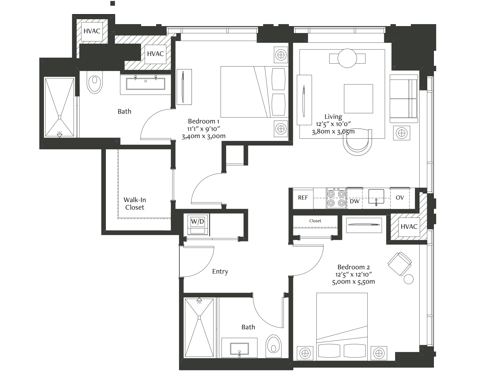 This fantastic two-bedroom corner residence is available fully furnished, decorated, and complete with kitchen essentials for home cooking. It offers convenient access to the nearby fitness center, yoga studio, and heated pool, and boasts floor-to-ceiling windows framing spectacular city views. The spacious primary bath includes a double vanity, walk-in shower, large format porcelain tile, and custom finishes. The open floor plan exudes modern luxury with herringbone hardwood floors with inset carpet. The full-size gourmet kitchen features a Miele® appliance package with integrated paneling and full-height Cambria® quartz backsplash. The expansive primary bedroom also features a decorative light fixture and a customizable walk-in closet with an integrated wall safe.   