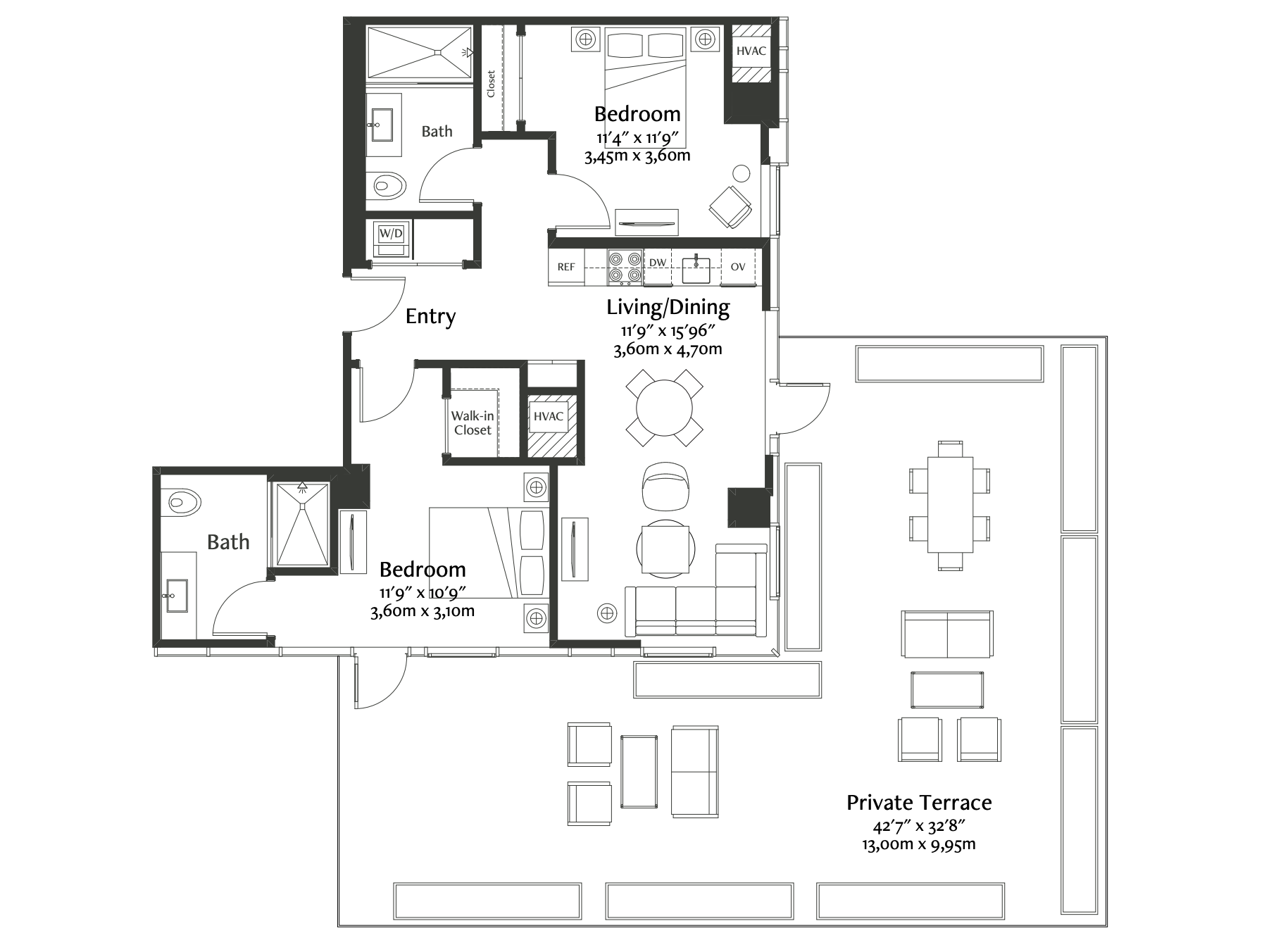 This impressive two-bedroom corner residence features floor-to-ceiling windows that frame spectacular city views. The spacious primary bath features a double vanity, walk-in shower, large format porcelain tile, and custom finishes. The open floor plan exudes modern luxury with herringbone hardwood floors with inset carpet. The full-size, gourmet kitchen features a Miele® appliance package with integrated paneling and full-height Cambria® quartz backsplash. The expansive primary bedroom also features a decorative light fixture and a customizable walk-in closet with an integrated wall safe.   