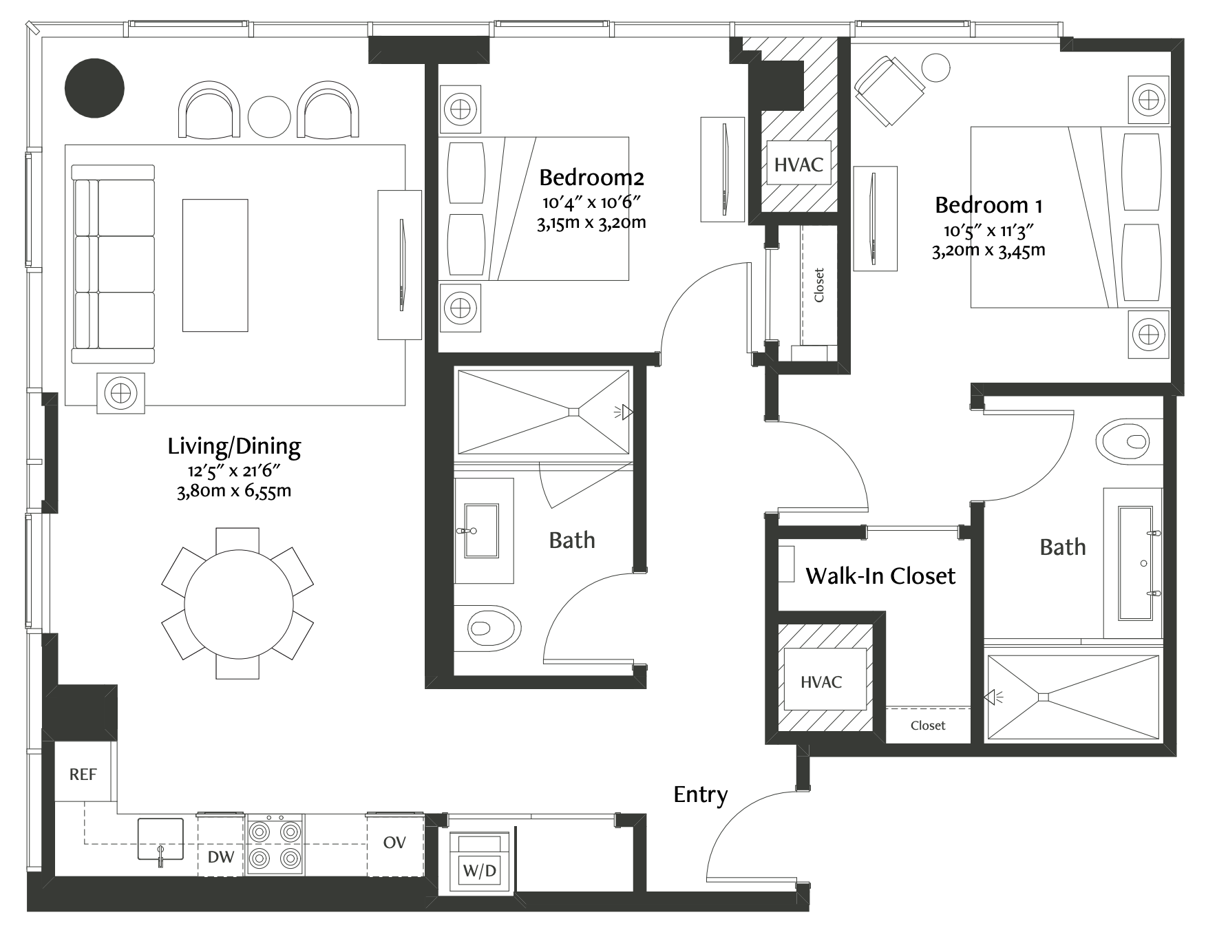 This two-bedroom corner residence features floor-to-ceiling windows framing south- and east-facing views. The open floor plan exudes modern luxury with herringbone hardwood floors with inset carpet. The full-size, gourmet kitchen features a Miele® appliance package with integrated paneling and full-height Cambria® quartz backsplash. The spacious primary bath features a double vanity, walk-in shower, large format porcelain tile, and custom finishes. The expansive primary bedroom also features a decorative light fixture and a customizable walk-in closet with an integrated wall safe.   