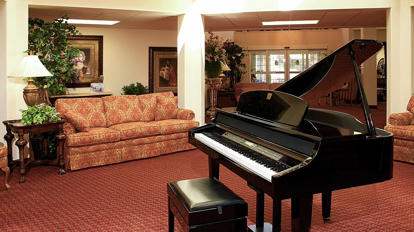 Lobby with piano and sofas